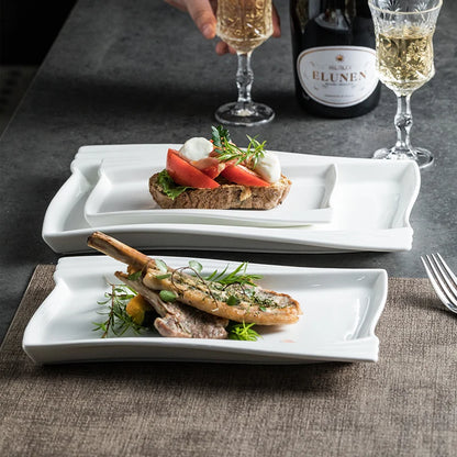 Creative Ceramic White Rectangular Western Food Plate Hotel Restaurant Special Cake Dessert Tableware Household Sushi Set Plate.