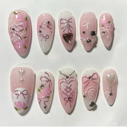 24pcs Sweet False Nail Patches Detachable Fake Nail Tips With Bowknots Love Heart Pearl Design Pink Almond Korean Press On Nail