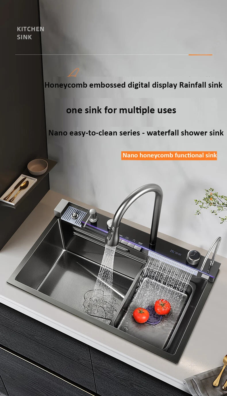 68x46cm Large Capacity Kitchen Sink Faucet Whale Waterfall Design Multifunctional Single Tank Home Appliance Fashionable