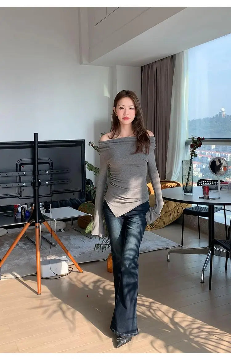 Irregular Waist Pleated Long Sleeve Base Shirt Spring T-Shirt Women's Spicy Girl One Shoulder Top Fashionable Casual Wear.
