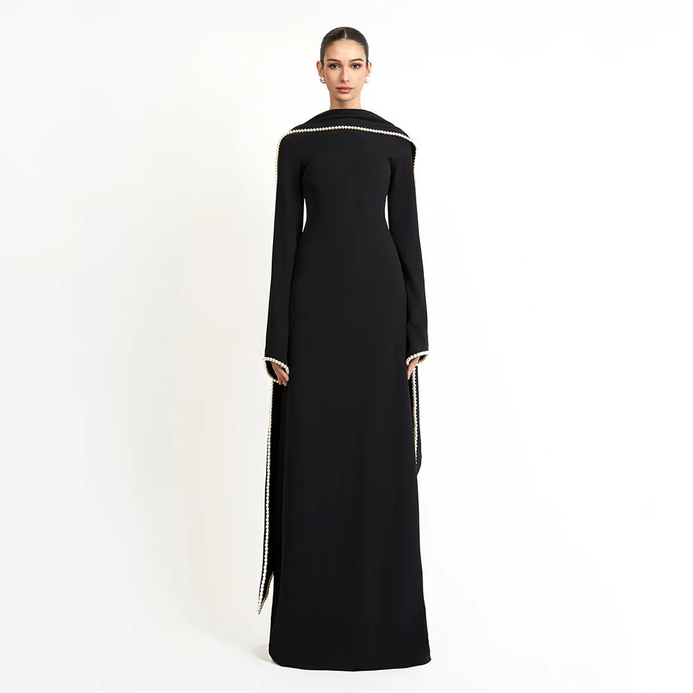Elegantes Hochzeitskleid, schwarz, A-Linie, Perlen, lange Ärmel, O-Ausschnitt, Abendkleider, langer Schal, saudi-arabisches formelles Abendkleid.