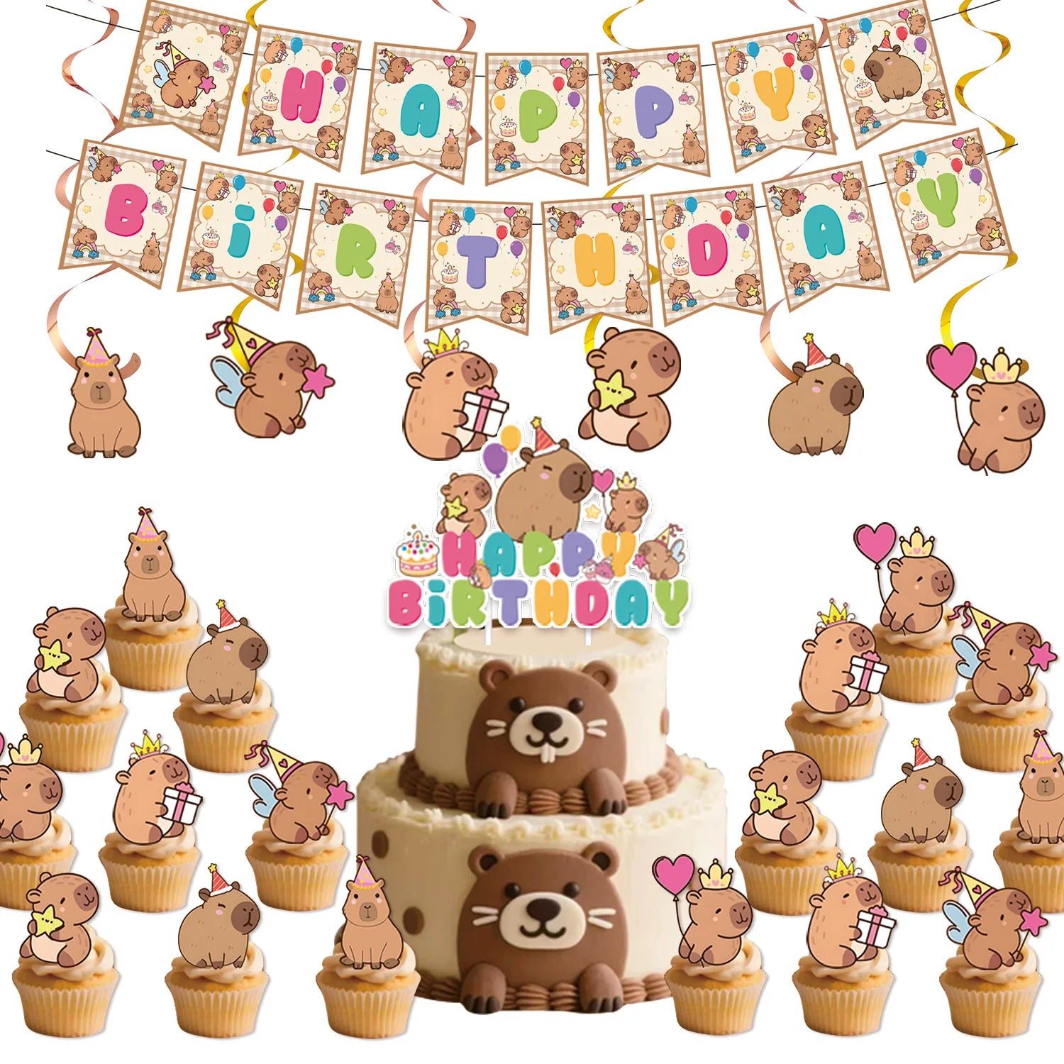 Capybara-Kuchenaufsatz, niedliche Tier-Cupcake-Dekorationen für Kinder, alles Gute zum Geburtstag, Partyzubehör, Capybara-Mottoparty-Dekorationen.