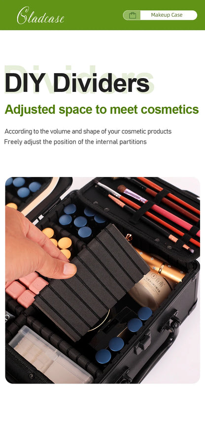 GLADCASE 2025 Portable Makeup Case with adjustable LED light Mirror carry Cosmetic Box Organizer train Beauty for dailry travel.