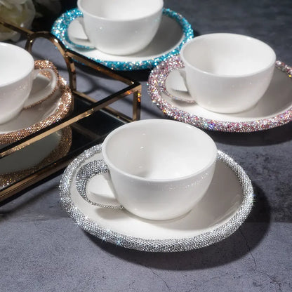 1 Set 210ml Cappuccino Coffee Cup Set Sparkling Rhinestone Ceramic Mugs With Saucer  Afternoon Tea Cup Dessert Plate Tablewar.