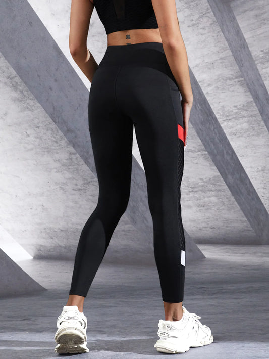 Colorblocked Mesh High Waist Yoga Pants with Side Pockets Leggings for Women Tummy Control Workout Shaping Leggings.
