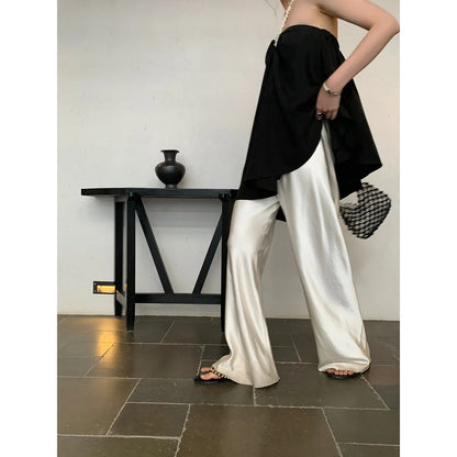 Satin Wide Leg Pants Long Floor Casual Pants Women's Summer.