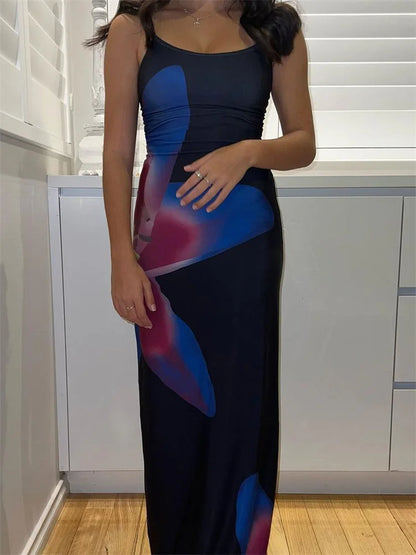 Gedruckt Spaghetti Hot Backless Maxi Kleid Frauen Mode Schlank Elegante Kontrast Patchwork Halter Kleider Herbst Lange DressZ