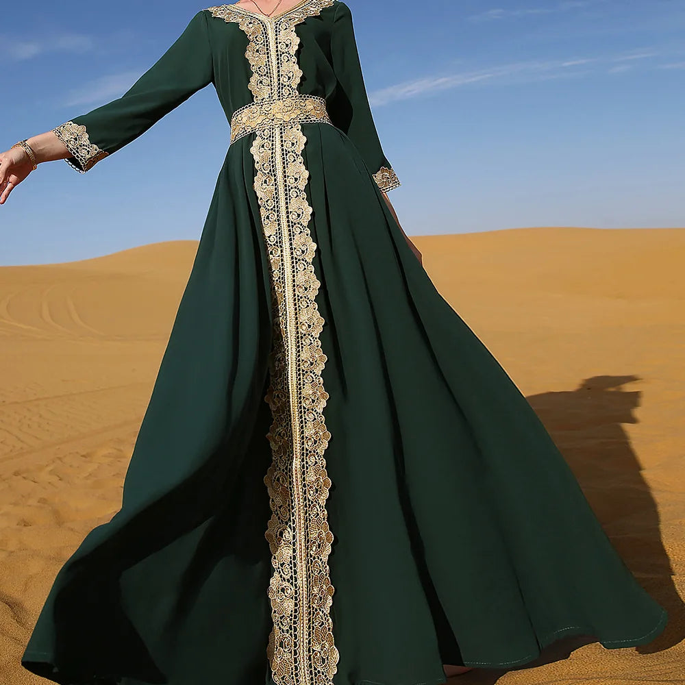Abaya Marokkanisches Dubai-Kaftan-langes Kleid für muslimische Frauen, Ramadan, Arabisch, Luxus-Stickerei-Spitze, Hochzeitskleid, islamisches Ne