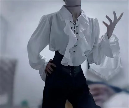 Pirate Shirt for Men Vintage Gothic Renaissance Style Frilled Lace-Up Medieval Buccaneer Blouse Top for All Seasons.