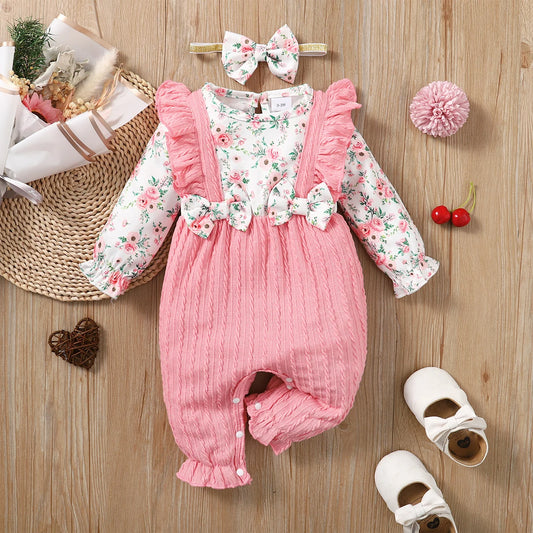 Strampler für Neugeborene, Mädchen, 0–18 Monate, niedliches Blumenmuster, langärmelig, mit Schleife, Body + Stirnband, Frühlings- und Herbst-Overall für Kleinkinder