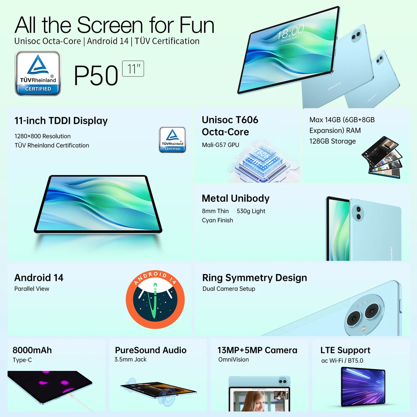 Teclast P50 Android 14 Tablet 11" IPS Max 14GB RAM 128GB ROM Unisoc T606 8-core 13MP Camera 8000mAh Type-C 4G LTE TÜV Rheinland.