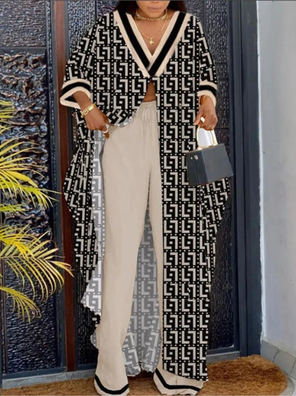 2023 Spring Summer New Women's V-neck Loose Long Sleeved Top Letter Printing Fashion Casual Open Front Women's Pants Set.