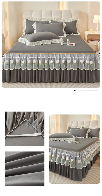 Floral Style Bed Skirt Embroidered Bed Cover Single/Queen/King Size Bed Linen Home Sheet with Skirt 침대스커트(Pillowcase Need Order).