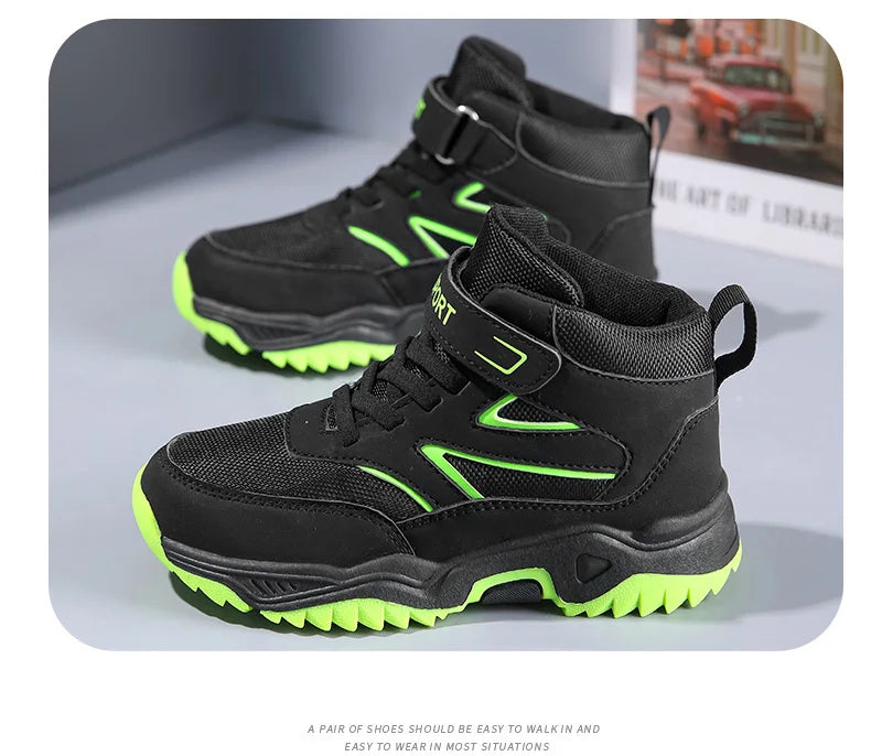 New Boys' Sports Shoes Non-slip School Children's Leather Breathable Running Black Fashion Hiking Shoes Sneaker Size 29-40.
