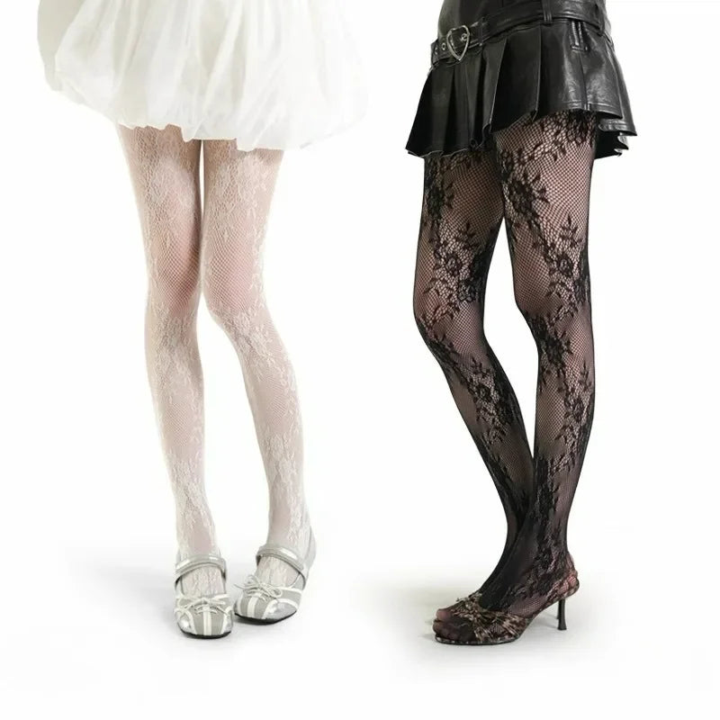 Classic Lolita Hollowed Out Lace Mesh Stockings Bottomed Pantyhose Japanese Lolita Retro Floral Rattan White Hosiery Hot Tights
