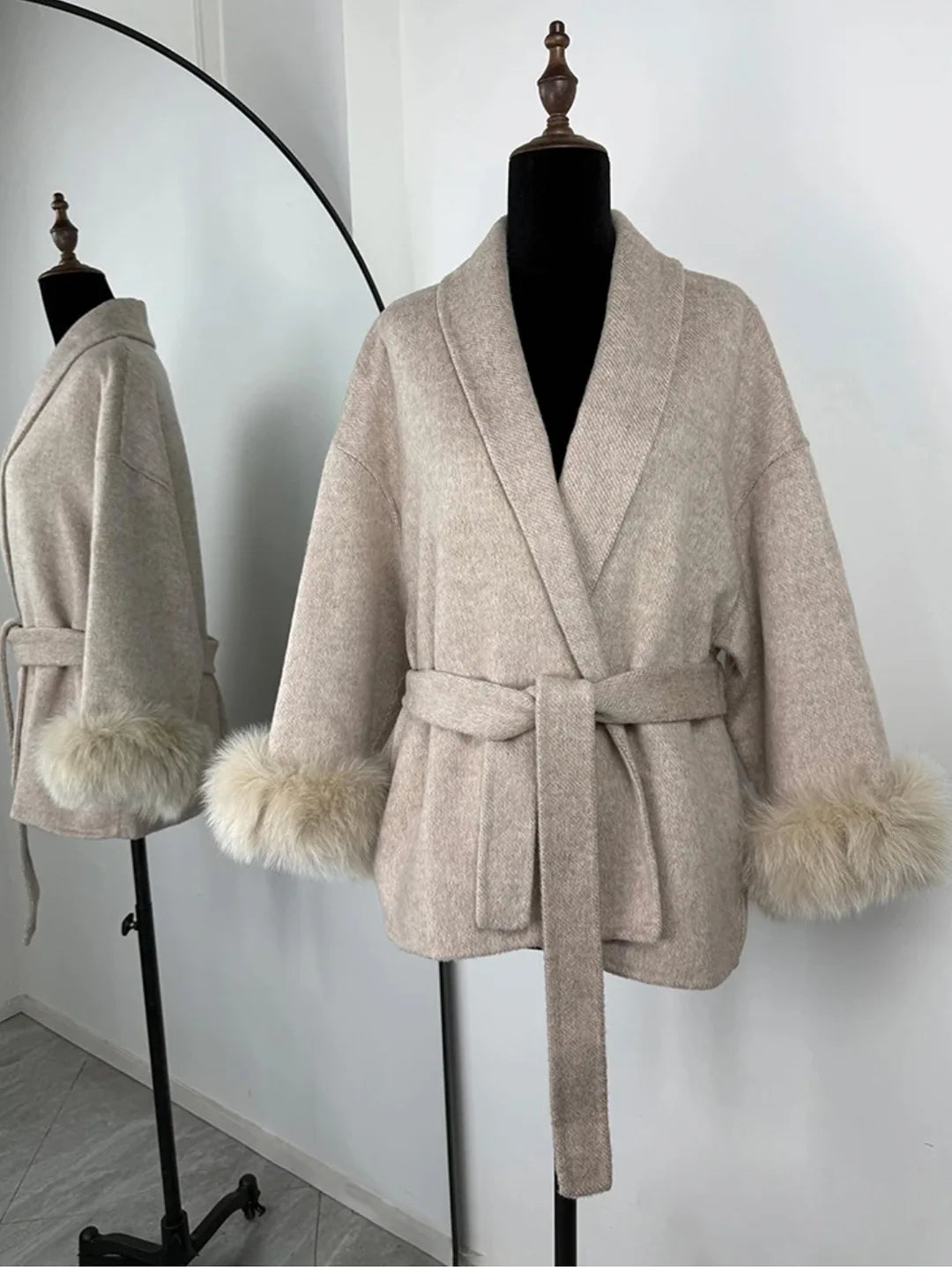 2025 Autumn Winter Chic Lapel Plush Coat With Belt Women Vintage Faux Fur Sleeve Tweed Open Coats Female Casual Street Outwear