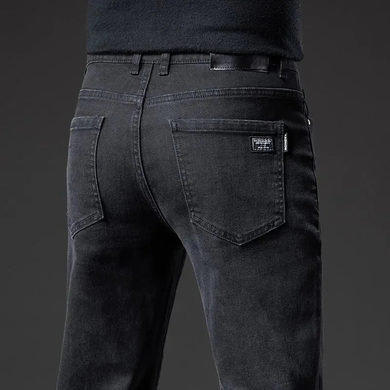 Men's Black Straight Leg Jeans Casual Elastic Business Pants High Waist Slim Fit Long Trousers New 2025 Gray Color