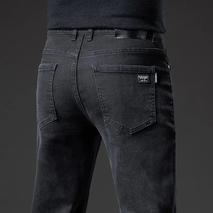 Men's Black Straight Leg Jeans Casual Elastic Business Pants High Waist Slim Fit Long Trousers New 2025 Gray Color