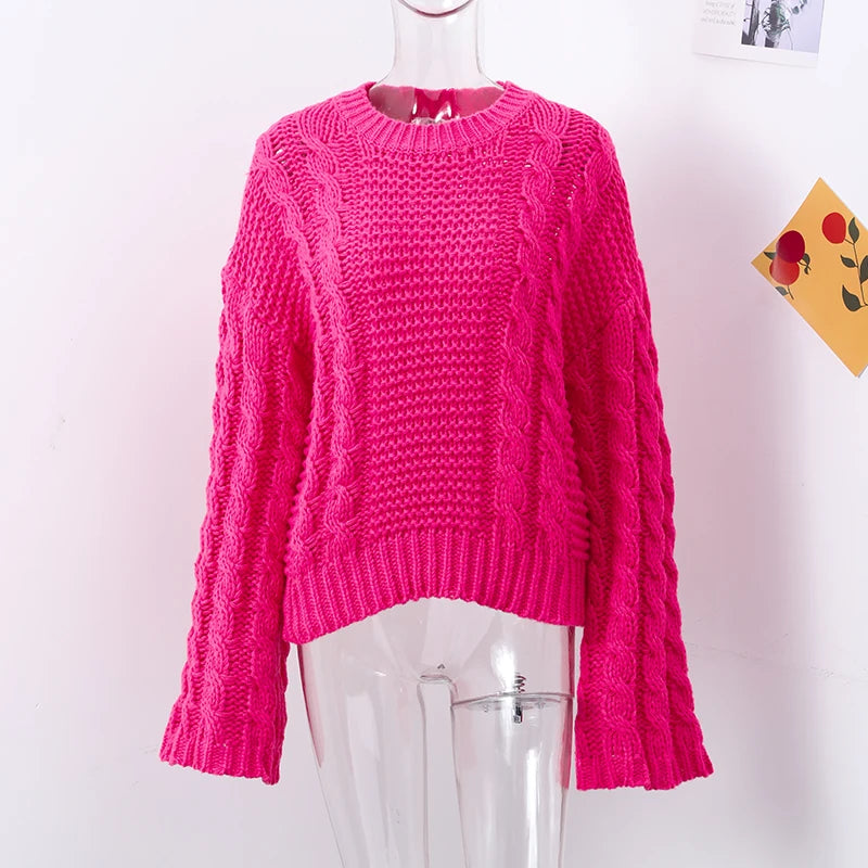 Casual Twists Stricken Oversize-Pullover Frauen Oansatz Lange Flare Hülse Lose Solide Pullover 2025, Herbst Winter Vintage Pullover