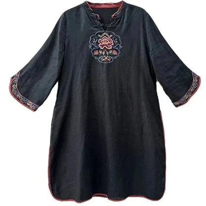 Damen-Bluse im Vintage-Stil aus Baumwolle und Leinen, mittellang, siebte Ärmel, Stickerei, ethnischer Rock mit lockerer Passform, chinesischer Stil.