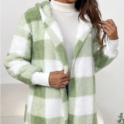Frauen Herbst Winter Doppel Fleece Plaid Strickjacke Weiche Lose Lange Hülse Plüsch Warme Mit Kapuze Jacke Weibliche Patchwork Oberbekleidung Mantel