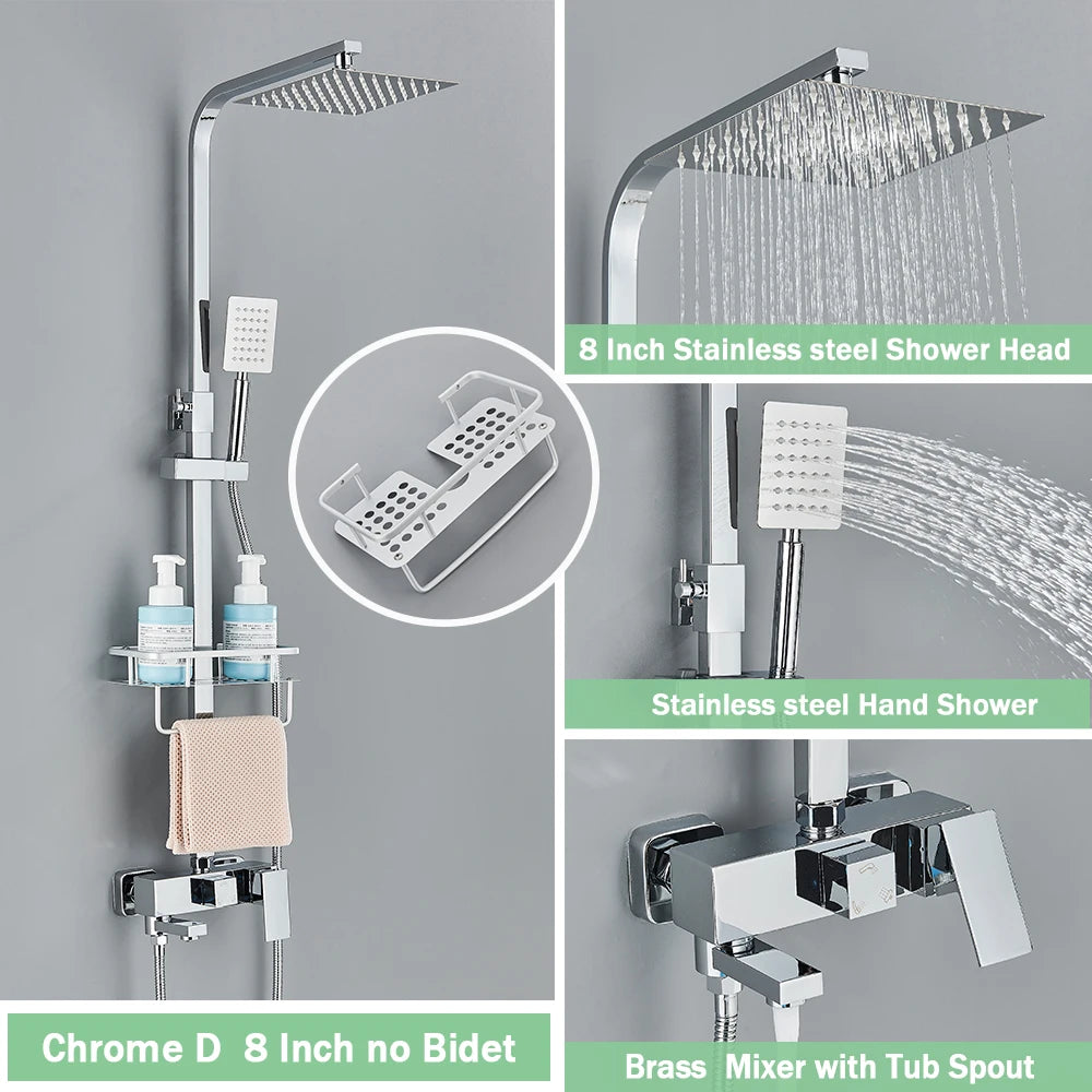 Rainfall Bathroom Shower Faucet Kit With Bidet Wall Mounted Stainless Steel Hot Cold Water Mixer Tap System With Rack,Tub Spout