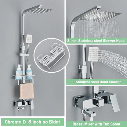 Rainfall Bathroom Shower Faucet Kit With Bidet Wall Mounted Stainless Steel Hot Cold Water Mixer Tap System With Rack,Tub Spout