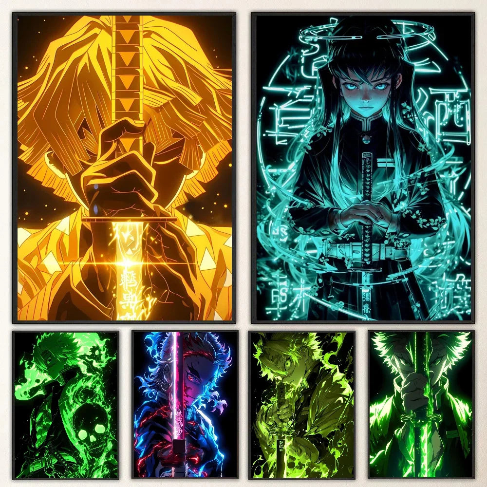 1pc Neon Effect Japan Anime Demon Slayer Tanjiro Nezuko Character Poster Self-adhesive Art Waterproof Paper Sticker Wall Decor.