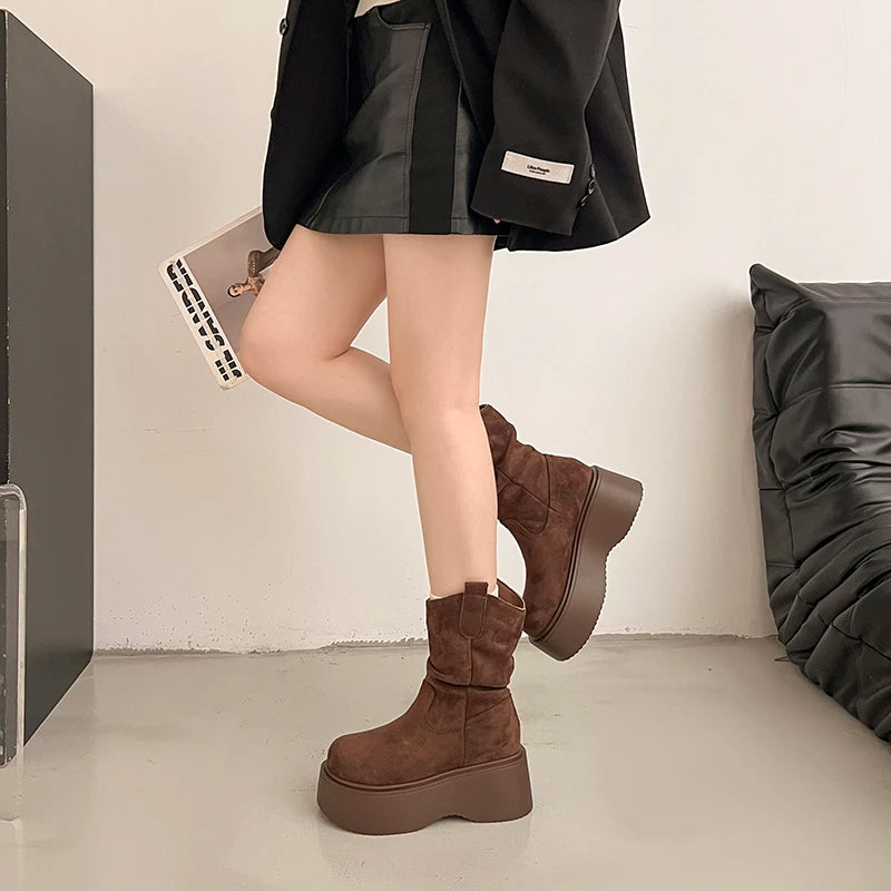 Chunky Platform Thick Sole Woman Ankle Boots Design Round Toe Slip On Shoes  2025 Autumn Winter Short Botas Para Mujer