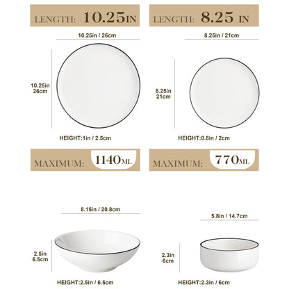 MALACASA 24/48Piece Ceramic Plates Black Rim Porcelain Dinnerware Set  6/12 Pcs Dinner/Soup/Dessert Plates/Bowl Service for 6/12.