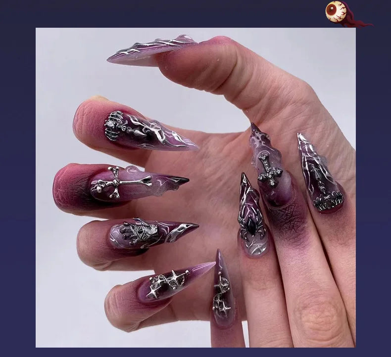 Halloween Cool Spice Style Spider Skull False Nails Purple Halo Dyeing Detachable Finished Fake Nails Press on Nail with Glue.