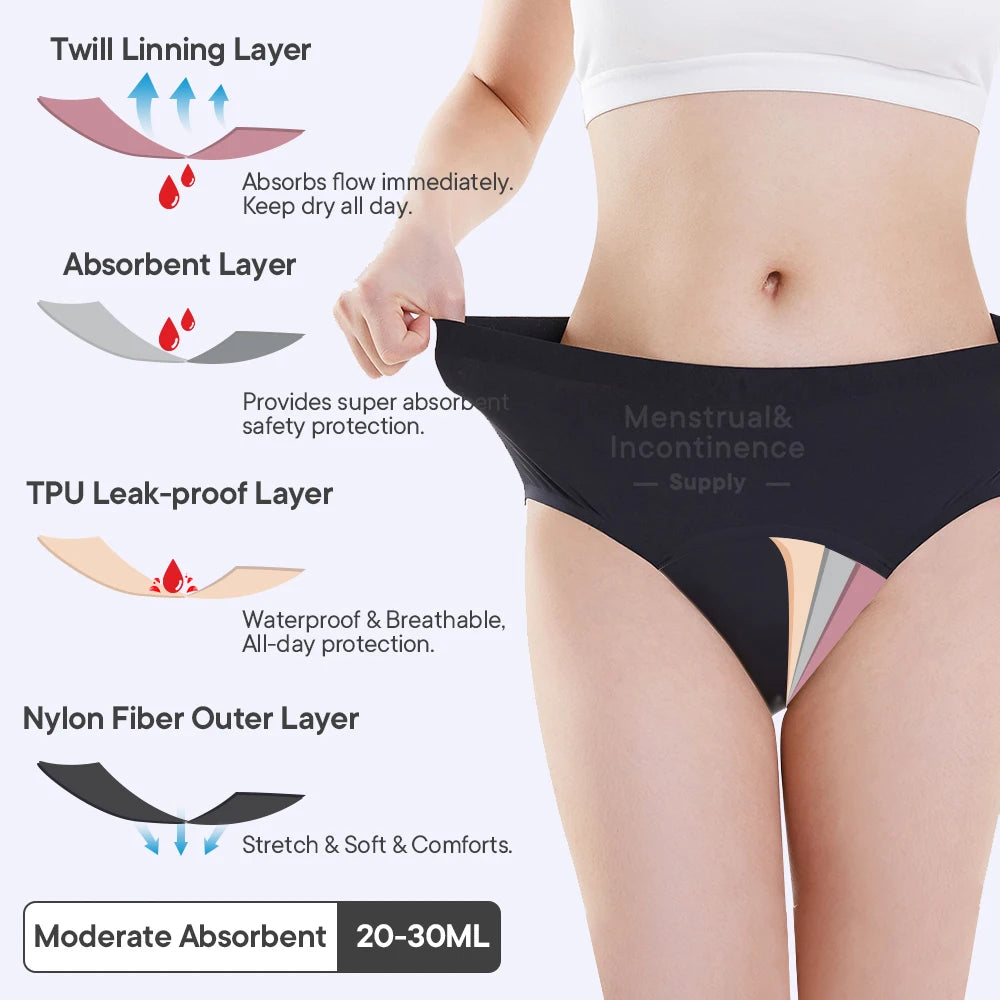 Seamless 4-Layer Menstrual Panties Mid-brief Breathable Reusable Leakproof Underwear for Women Fast Absorption.