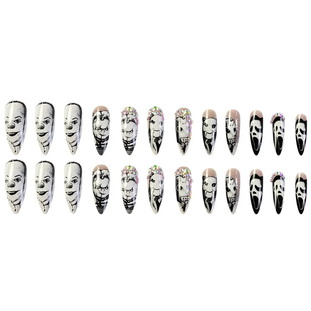 24Pcs Glossy Long Almond Halloween Press On Nails Black And White Horror Style Fake Nails With Rhinestone Reusable False Nails.