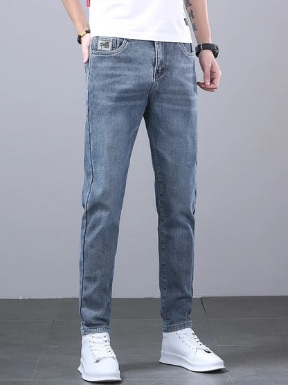 New Men's Four Seasons Business Jeans Fashionable Slim Fit Micro Elastic Straight Leg Long Pants.