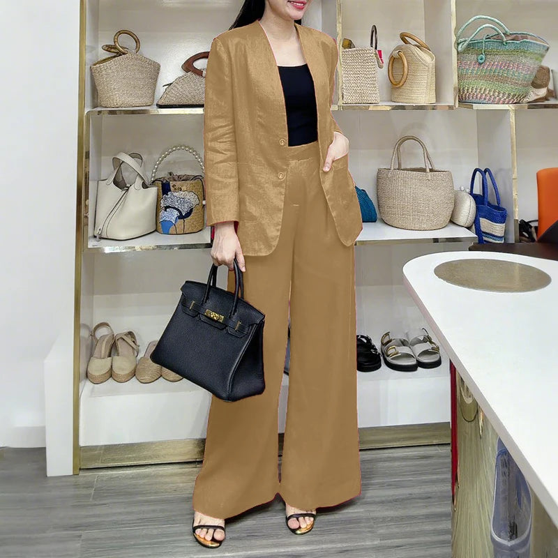 ZANZEA Autumn Fashion 2 Pieces Sets Women V-Neck Long Sleeve Blazer & Wide Leg Pants 2pcs Suits Office Commuting Solid Pant Sets.