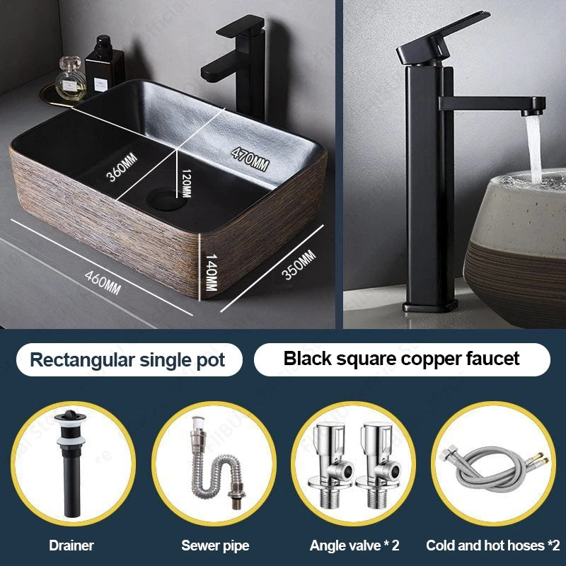 Braunes Porzellan-Keramik-Waschbecken über der Theke, Waschtisch, Schüsselbecken, Badezimmer, Sanitär, Balkon, Tisch, Waschbecken, Arbeitsplatte, ovales Waschbecken