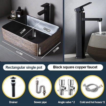 Braunes Porzellan-Keramik-Waschbecken über der Theke, Waschtisch, Schüsselbecken, Badezimmer, Sanitär, Balkon, Tisch, Waschbecken, Arbeitsplatte, ovales Waschbecken