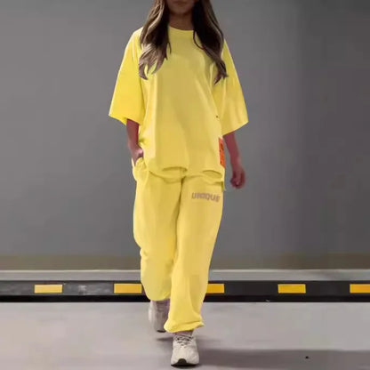 Summer New Fashion Hollowed Out O Neck T Shirt Women's 2 Piece Set Solid Color Casual Relaxed Tracksuit Pants Pocket Female Suit.