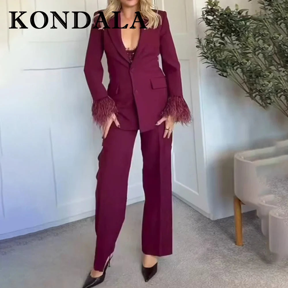 KONDALA 2025 Burgund Quaste Büro Dame Anzüge Einreiher Gerade Blazer + Moderne Gerade Lange Hosen Mode Weiblichen Anzug
