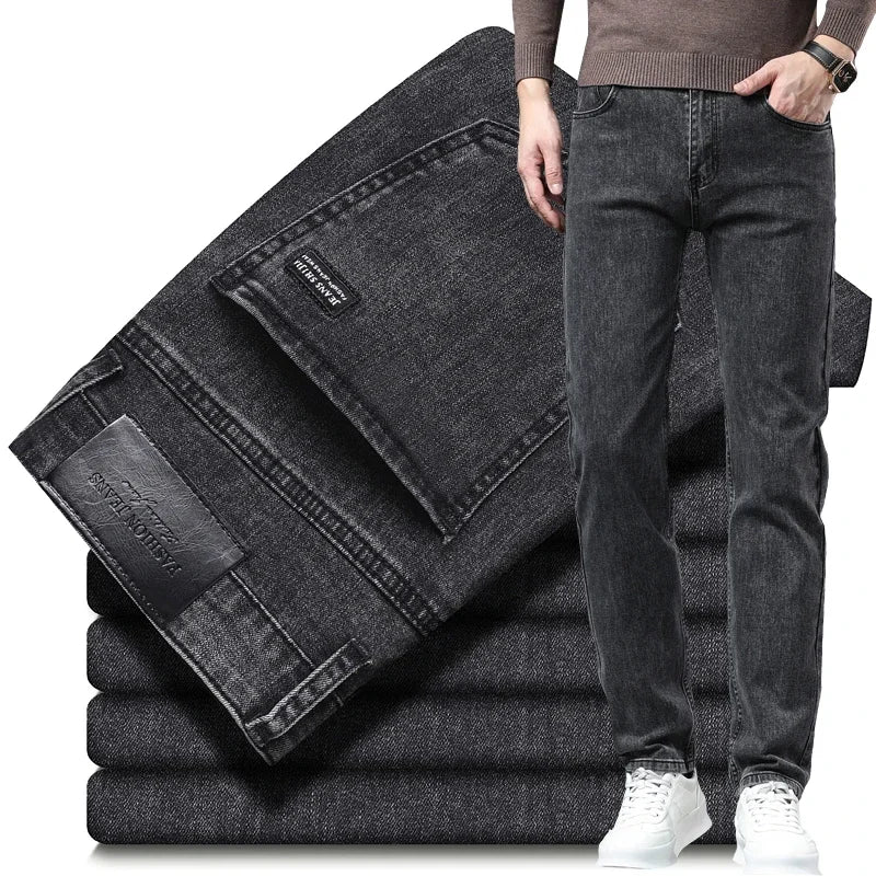 Spring Autumn New Men's Pure Black Slim Jeans Elastic Straight Pants Business Fashion Leisure Korean Vintage Denim Pants Male.
