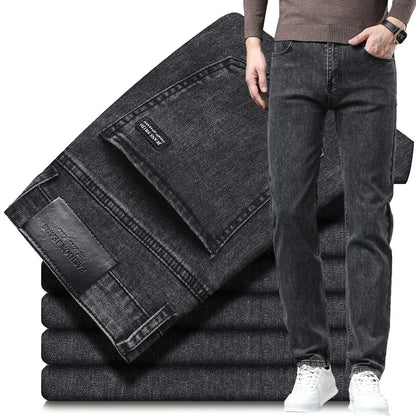 Spring Autumn New Men's Pure Black Slim Jeans Elastic Straight Pants Business Fashion Leisure Korean Vintage Denim Pants Male.