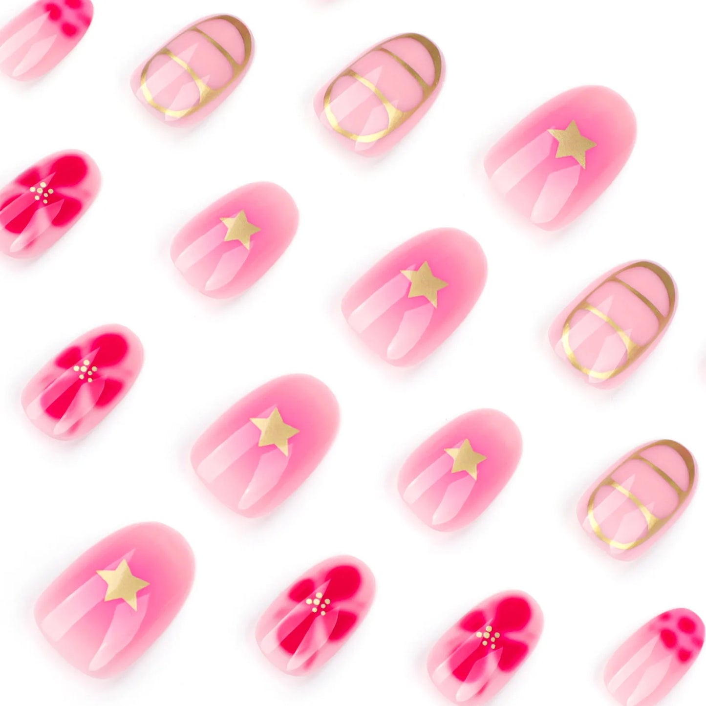 24pcs Sweet Pink Flower Press On Nails Glossy Short Almond Full Cover Stick-on Nails Gold Stripe Blush Artificial False Nails.