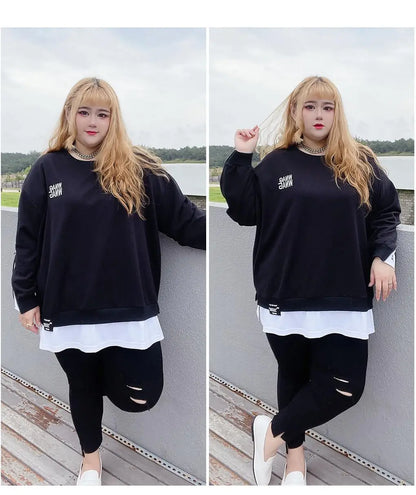 Frühling Herbst Neue Koreanische Mode Zwei Gefälschte Stücke Plus Größe Sweatshirt Frauen Brief Patchwork Casual Dame Tops Übergroße Kleidung.