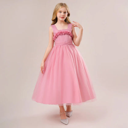 Mädchen Partykleider Weiß Langes Hochzeit Brautjungfer Prinzessin Kleid Abend Tüllkleid Abschlussball Klavier Performance Kleid.