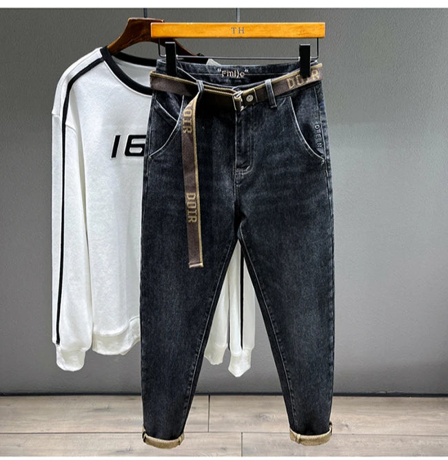 Tapered Jeans for Men's Clothing Autumn New Fashion Embroidered Korean Harem Pants Casual Stretch Black Denim Trousers.