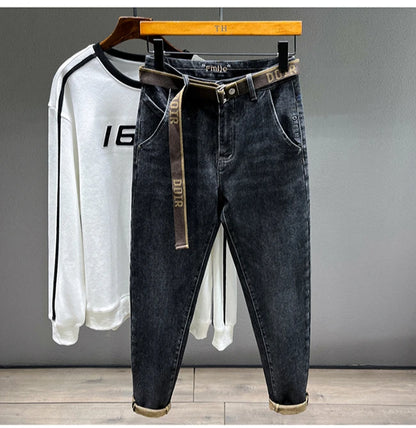 Tapered Jeans for Men's Clothing Autumn New Fashion Embroidered Korean Harem Pants Casual Stretch Black Denim Trousers.