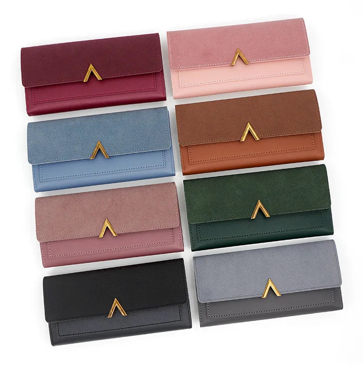 New Korean version women's wallet long V-shaped buckle three fold wallet for women, hand-held bag, change card bag