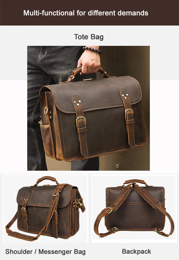 Vintage verrückte Pferd Echt leder Männer Aktentasche große Business-Tasche Einkaufstasche 15.6 "Laptop-Tasche Attache männliche Umhängetasche