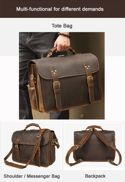 Vintage verrückte Pferd Echt leder Männer Aktentasche große Business-Tasche Einkaufstasche 15.6 "Laptop-Tasche Attache männliche Umhängetasche