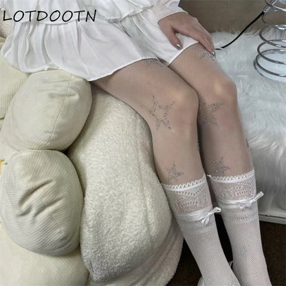 LOTDOOTN Y2K Tights Silver Star Print Pantyhose Women Girl Japanese Mesh Transparent Pantyhose Bow Star Tights Stockings Lolita.